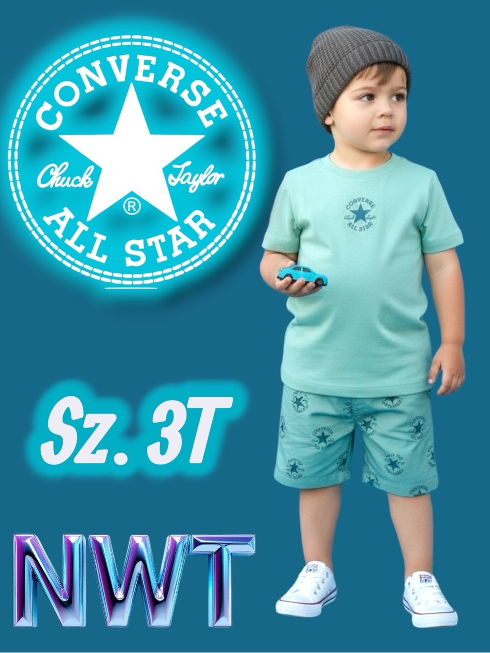NWT Converse Boys Mint Green 2-Piece T-Shirt & AOP Shorts Set Size 3T